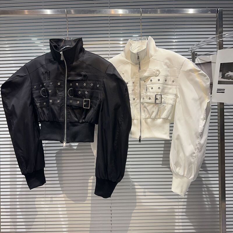 [in Stock] 2026 Spring Trendy Cool Girl Ring Strap Design Padded Shoulder Stand Collar Workwear Jacket Short Coat