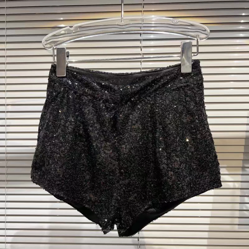 biker shorts women Fashion Sequins Loose Shorts Women Streetwear High Waist Wide Leg Mini Pants Female Elastic Waist Casual Summer Shorts 2022 New swim trunks