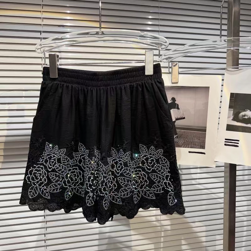 soffe shorts Flower Embroidery Shorts Women Fashion Diamond High Waist Wide Leg Pants Female Elastic Waist Casual Loose Summer Sexy Shorts maternity shorts