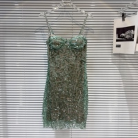 Internet celebrity same style 2026 summer new hot girl celebrity heavy industry rhinestone chain green bead piece slim fit suspender dress for women