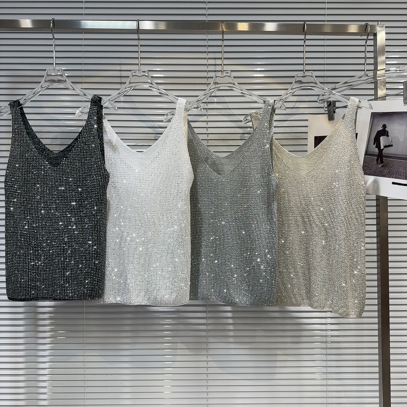 [in Stock] 2026 Summer New Dark Glamour Full Rhinestone Embellished Elegant Socialite Knitted Camisole