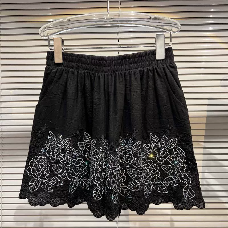 soffe shorts Flower Embroidery Shorts Women Fashion Diamond High Waist Wide Leg Pants Female Elastic Waist Casual Loose Summer Sexy Shorts maternity shorts