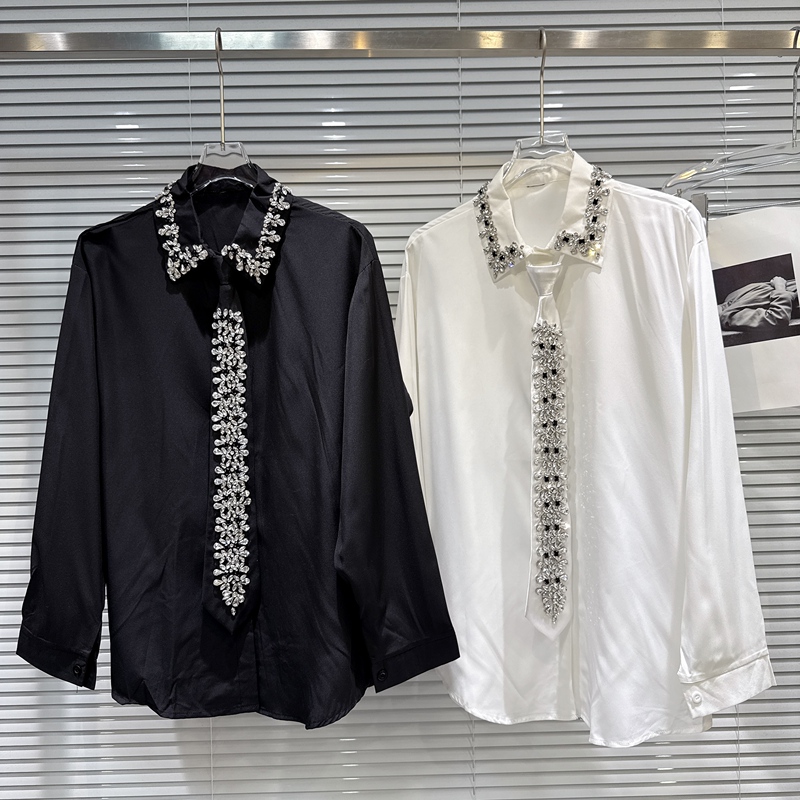 [in Stock] 2026 Spring New European and American Style Heavy Embellished Rhinestone Tie Acetate Fabric Shirt for Women