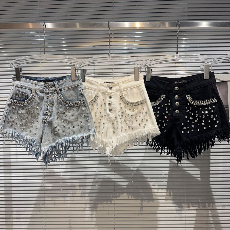 [in Stock] 2026 Summer New Trendy Cool and Spicy Large Rhinestone Beaded Tassel Trim Denim Shorts