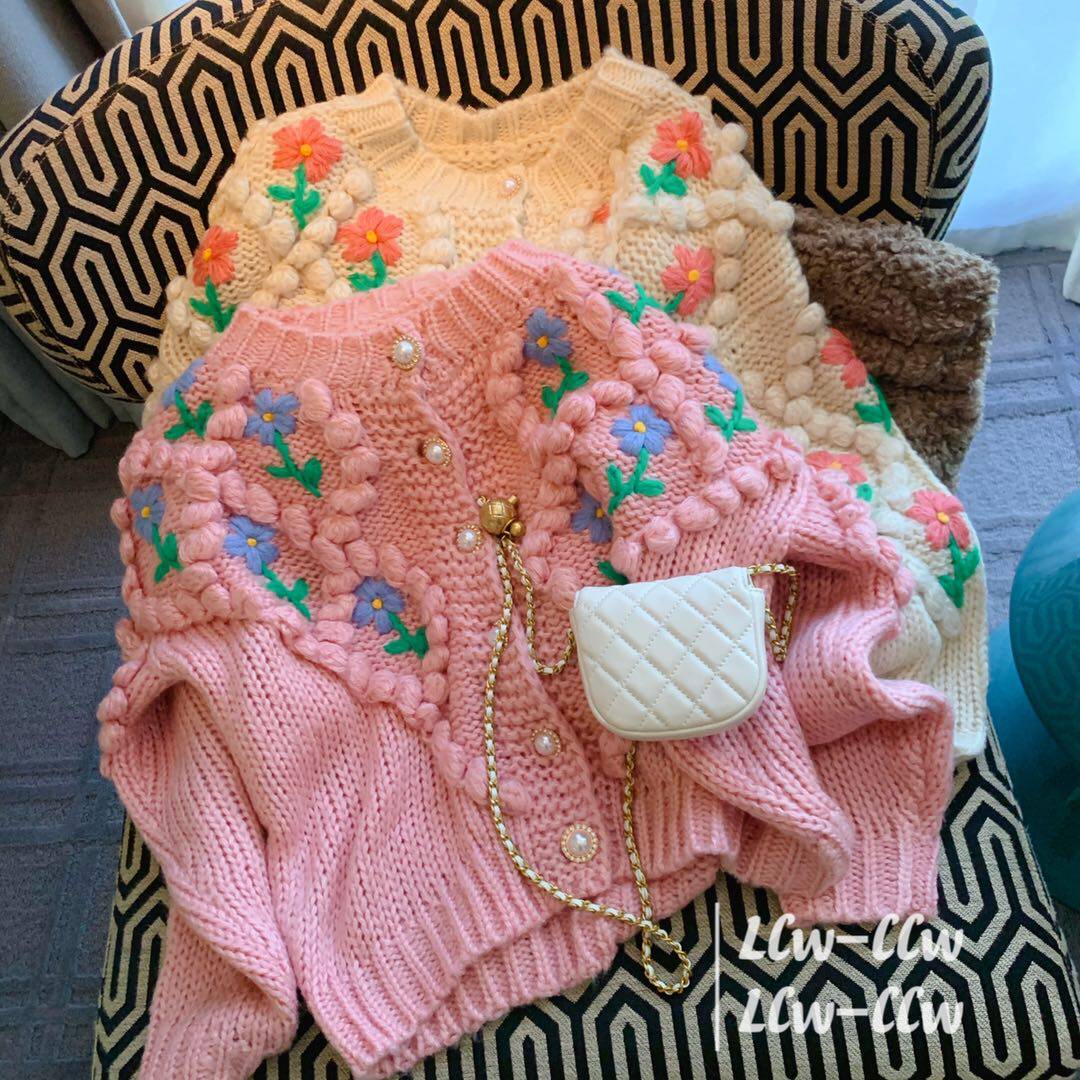 Solid ball polo flowers sweater embroidered small floral jumpsuit cardiovert 2022 new women's loose jacket female cardiovert