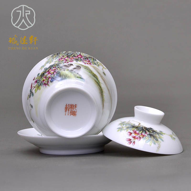 "Custom" cheng DE xuan tea set three to jingdezhen ceramic cup single tureen hand - made wisteria ChunYun pastel 7