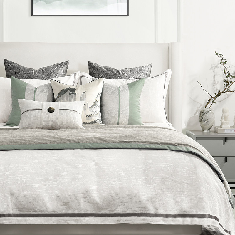 New Chinese Grey Green Series-Like Inter-Bed Goods Light Lavish Villa-style Style Board Room Bed with bedding Tapestry Towels