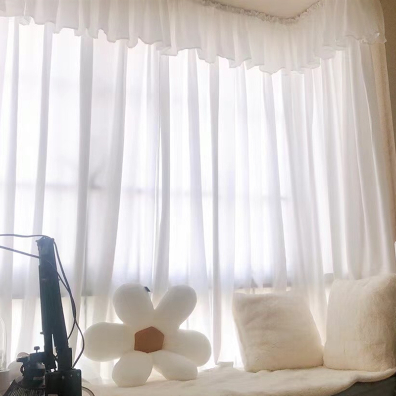 Phantom Sheer Curtain with Pleats, Simple White Sheer Curtain Short Curtain with Self-Adhesive Magic Tape, Bedroom Bay Window Sheer Curtain
