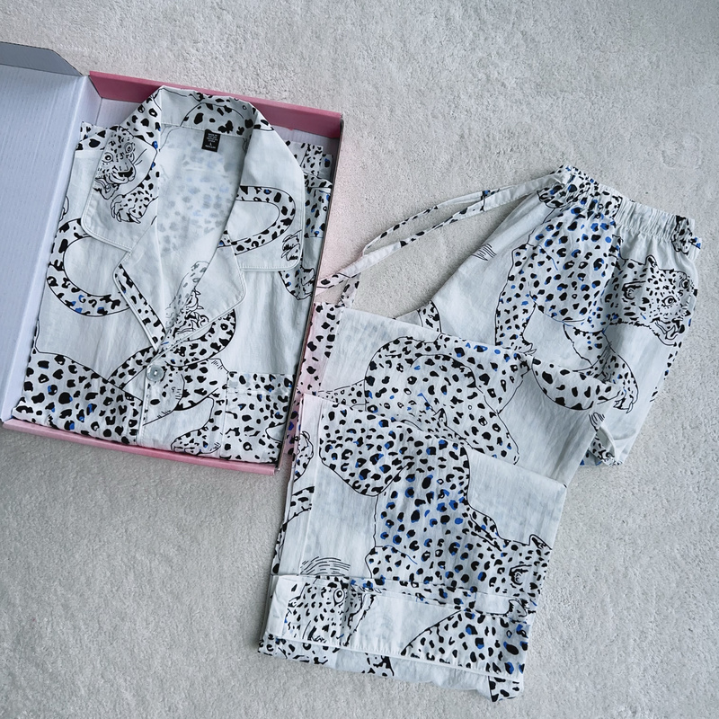 European and American Style 25-Year Pure Cotton Thin Breathable Unisex White Base Leopard Print Long and Short Sleeve Pants Pajamas Loungewear