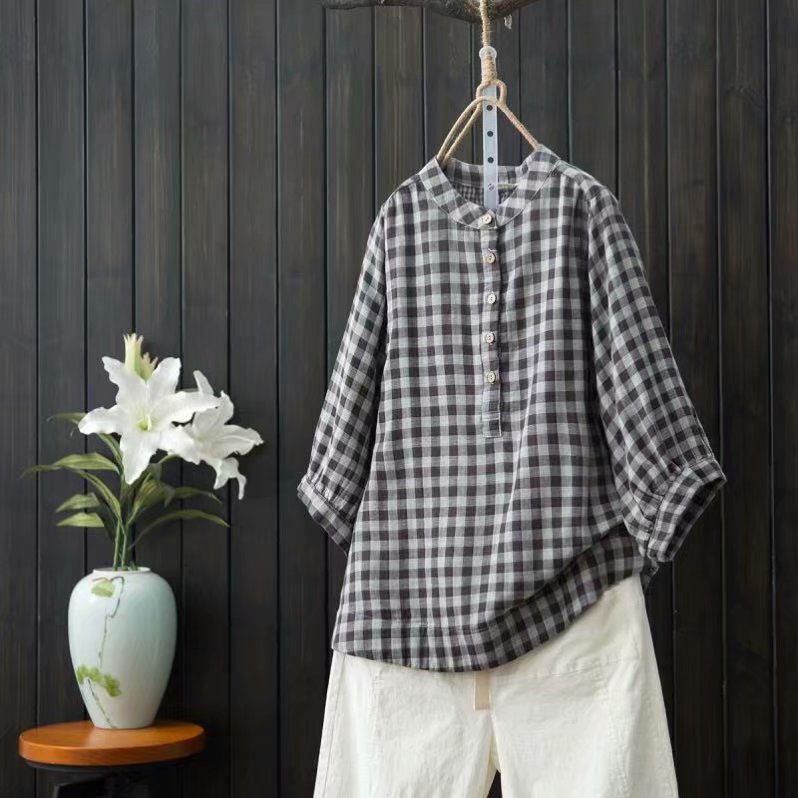 Áo len tay áo đôi kẻ sọc cotton nữ áo thun cotton nữ áo thun rộng kích thước lớn cotton và áo sơ mi vải lanh nữ phiên bản Hàn Quốc - Áo sơ mi áo sơ mi vải lụa