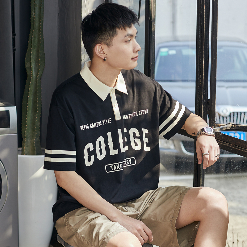 Tangshi 2023 Summer New Polo Shirt Men's Short-Sleeved Pure Cotton Lapel T-Shirt American Style Black Loose Ins Trend