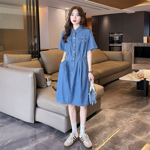 Ретро летнее джинсовое платье, приталенный корсет, джинсовая юбка, А-силуэт, подходит для подростков