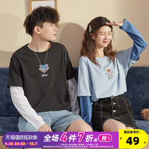 Peach Heart Co-brand] Tang Shi 2021 Spring Summer New Couple Long Sleeve T-Shirt Fake Two Pieces Stitching Contrast Korean Version Instagram