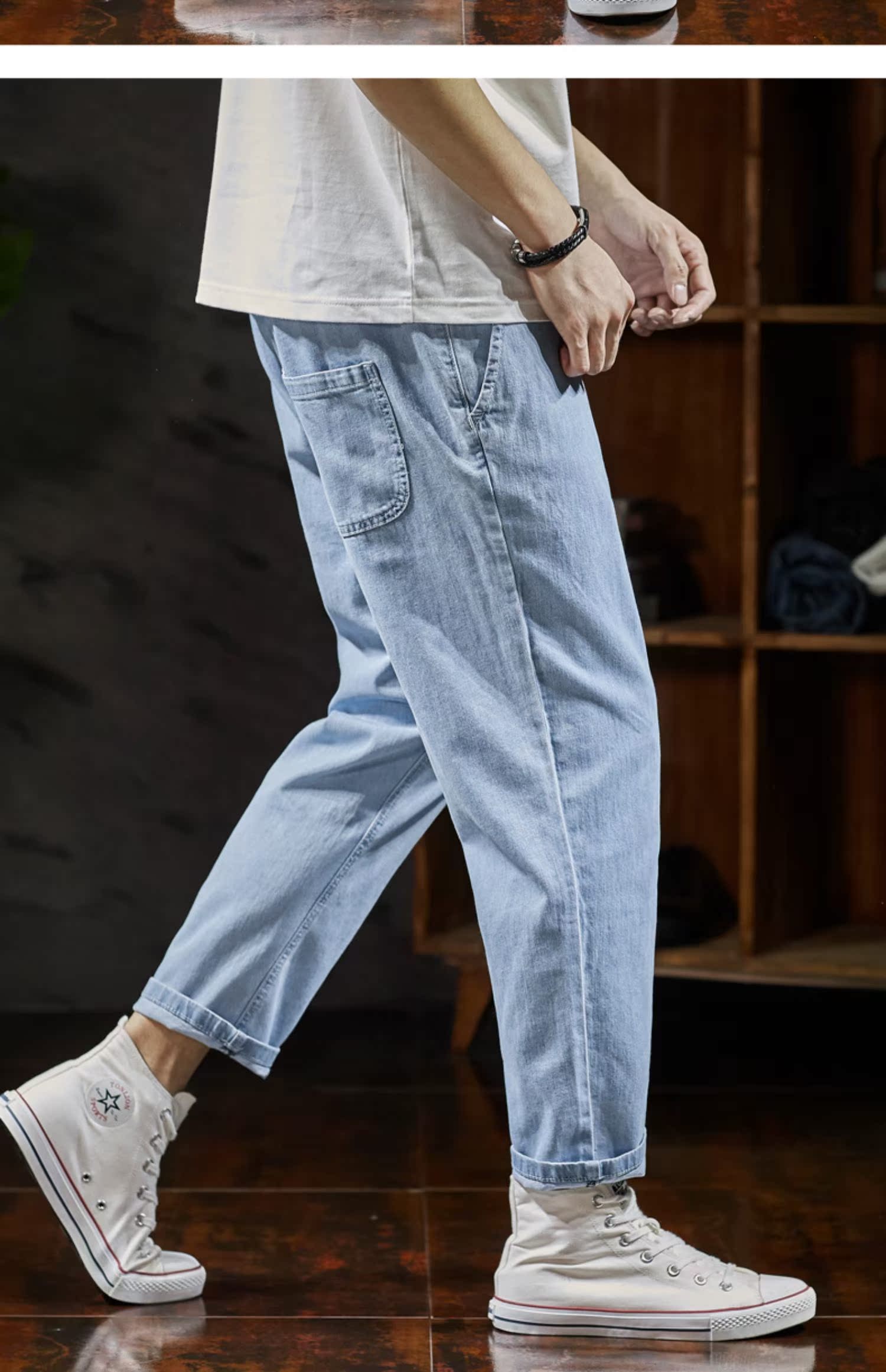 唐 2018 mới chín điểm quần jeans nam lửng mỏng phần Hồng Kông phong cách chín quần nam thủy triều quần jeans mỏng quần nam đẹp
