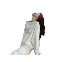Yoe retro design bear bow printed round neck sweatshirt for women 2024 new early autumn loose top trendy