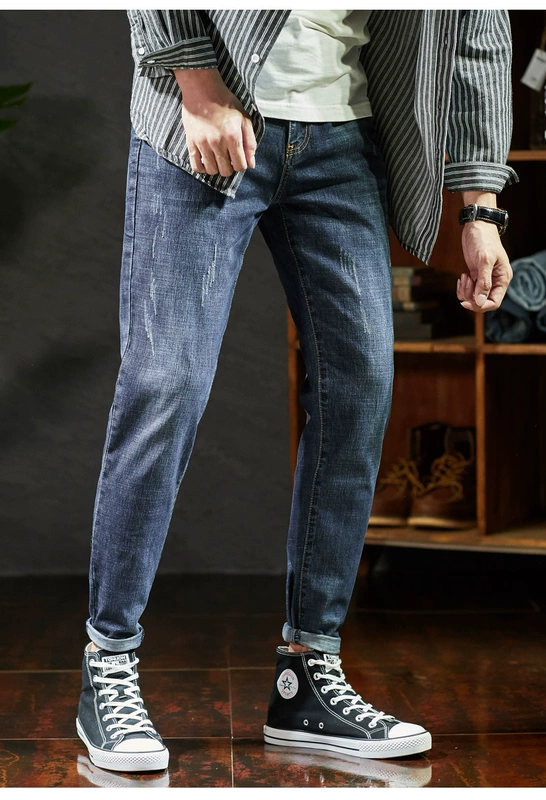 Tang sư tử mùa thu và mùa đông mới quần jeans nam chân quần Slim co nam denim quần dài Phiên bản Hàn Quốc của thủy triều