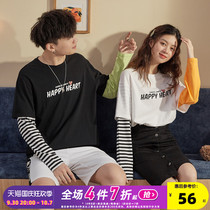 Peach heart co-brand] Tang Shi 2021 spring new couple wear long-sleeved T-shirt fake two-piece striped top student tide