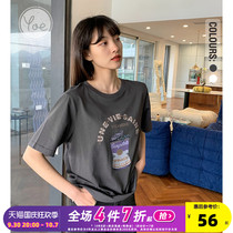 yoe summer new womens round neck short sleeves gray temperament foreign atmosphere instide net red vintage print round neck T-shirt