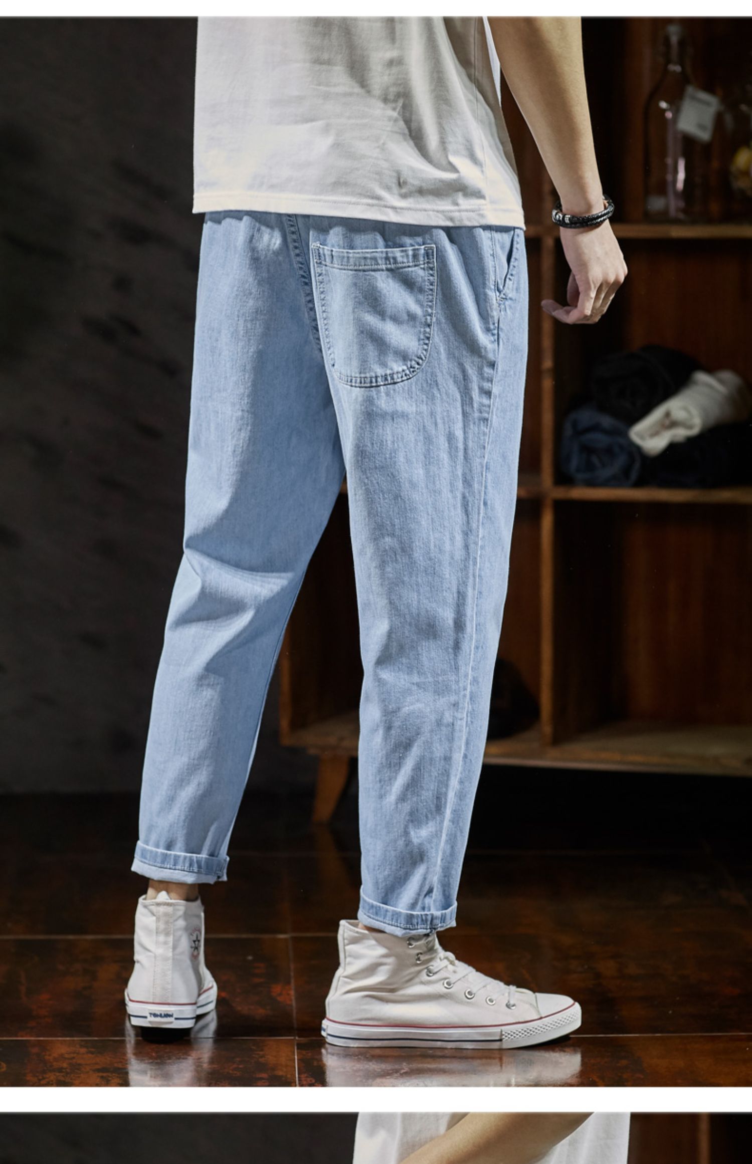 唐 2018 mới chín điểm quần jeans nam lửng mỏng phần Hồng Kông phong cách chín quần nam thủy triều quần jeans mỏng quần nam đẹp