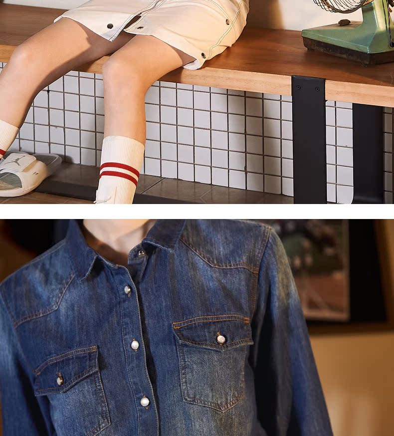 Tang sư tử denim sơ mi nữ 2018 mới sang trọng áo sơ mi thu đông lười biếng áo sơ mi trắng nữ công sở