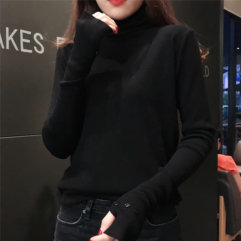2018 mới nửa găng tay cao cổ áo len ngón tay chạm đáy áo sơ mi nữ mùa thu đông dài tay áo len mỏng thời trang nữ áo cardigan nữ hàn quốc