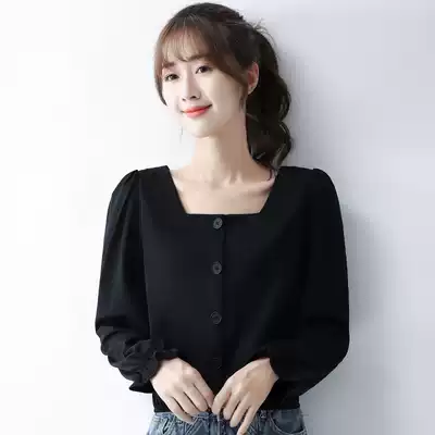 Black shirt women long sleeve 2021 early autumn new thin design sense niche square collar bubble sleeve short coat women