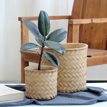 Nordic imitation bamboo woven cement flower pot Retro creative woven storage bamboo basket indoor potted flower decoration ornaments factory