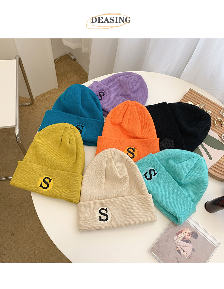 S字母刺绣蓝色毛线帽女秋冬韩版潮百搭保暖针织帽冬季冷帽子批发详情18