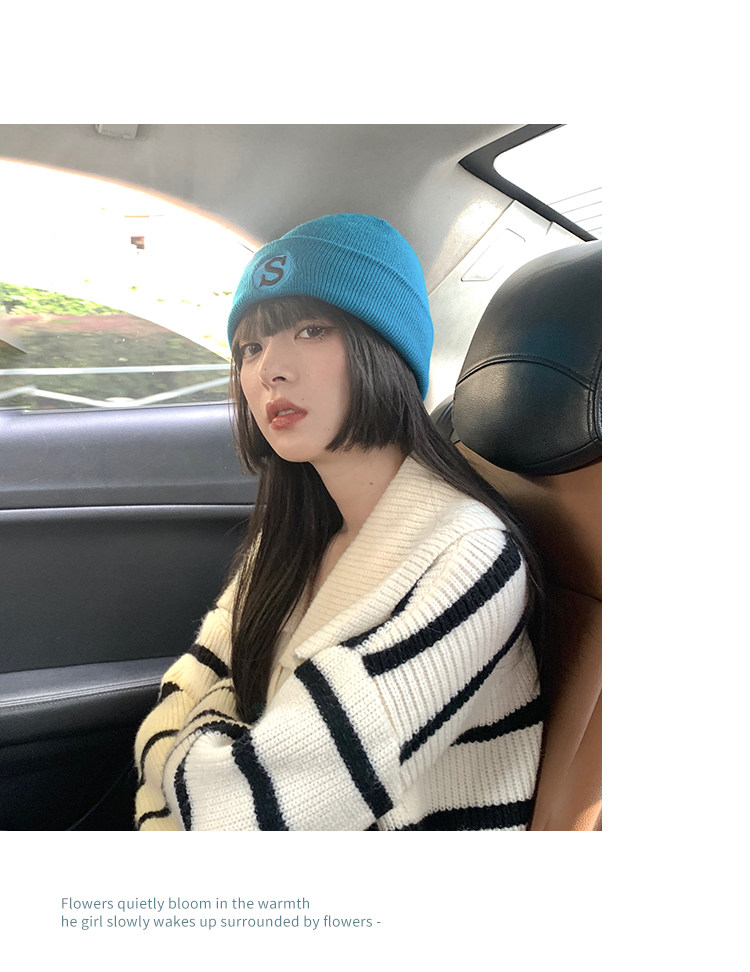 S字母刺绣蓝色毛线帽女秋冬韩版潮百搭保暖针织帽冬季冷帽子批发详情9