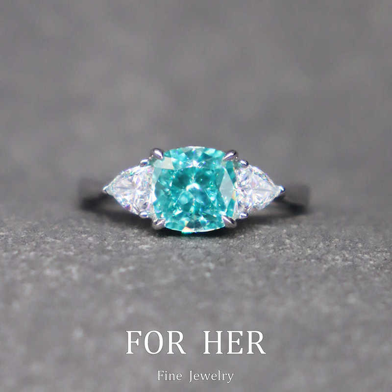 Fuhe Jewelry Paraiba Ring Women's Artificial Diamond Three-Stone Style Light Luxury ins Style Silver Ring Plated with 18K Gold