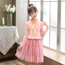  Girls  dresses autumn and winter new plus velvet long-sleeved childrens Western skirt little girl mink velvet princess sweater skirt