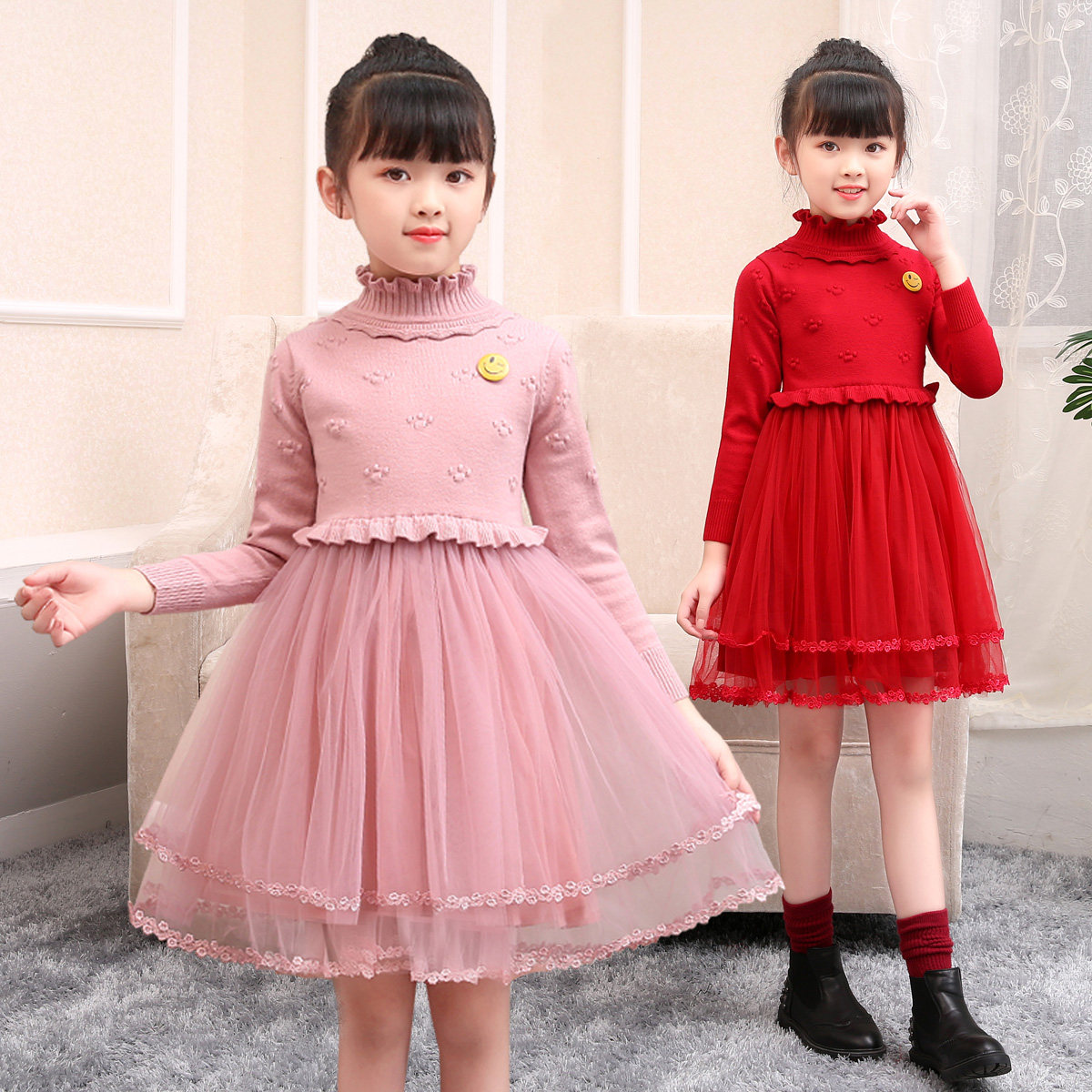 Girls Autumn and Winter clothes New Year Foreign style Children's dresses Knitted wool clothes Long sleeve little girl princess dress velvet