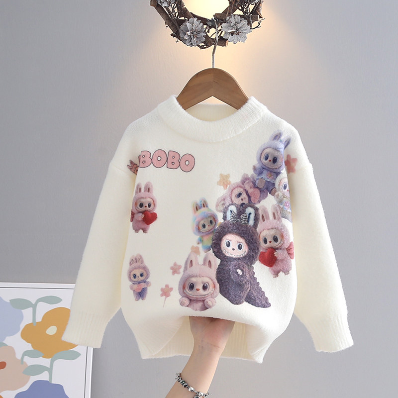 Girls' Sweater 2025 Autumn and Winter New Style Baby Knitwear Winter Fleece-Lined Warm Cute Layered Base Shirt