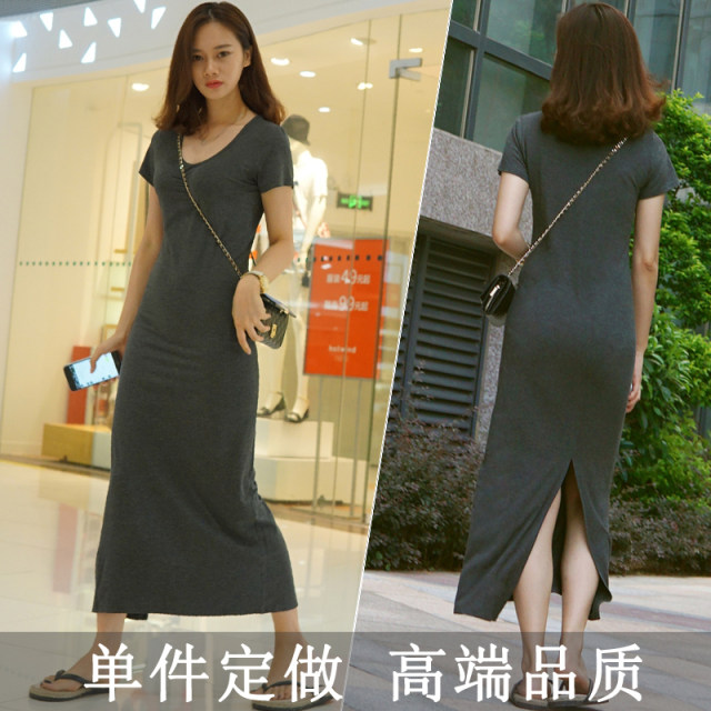 Summer new round neck Modal short-sleeved long skirt slim casual slim back slit T-shirt long dress for women