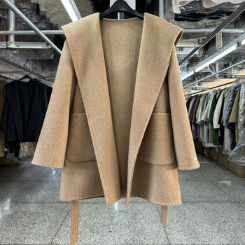 Hooded short double-sided wool coat for small people, women's short new korean style loose simple lace-up woolen coat