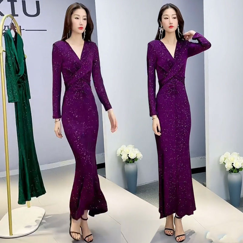 Autumn and Winter High-End New French-Style Beautiful Dress, Purple Stylish Long-Sleeved High-End Sexy Dress, Long Dress
