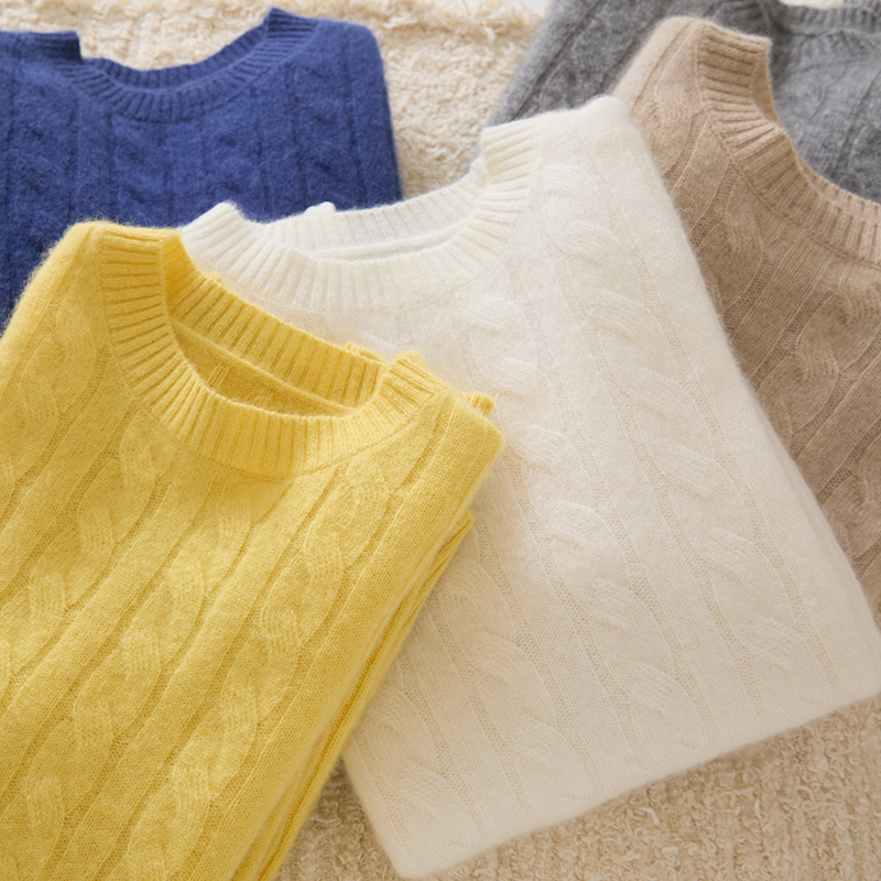 Children's New Autumn and Winter Pure Cashmere Sweater, Thin Round-Neck Pullover Sweater, Retro Twist Knit Base Shirt for Boys and Girls