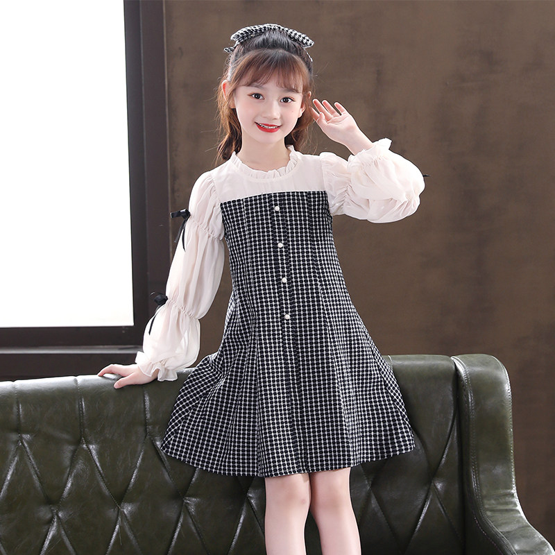 Early autumn children's clothing female 2021 New Girl Dress Autumn long sleeve children's skirt Korean bubble sleeve princess skirt