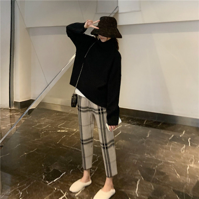Harlan casual small feet high waist rob plaid knitted tapered beam feet wool grandma pants women's long pants autumn and winter clothes