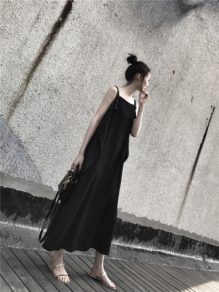 Summer new suspender extra long extension black control back strap dress long skirt Children's irregular large skirt