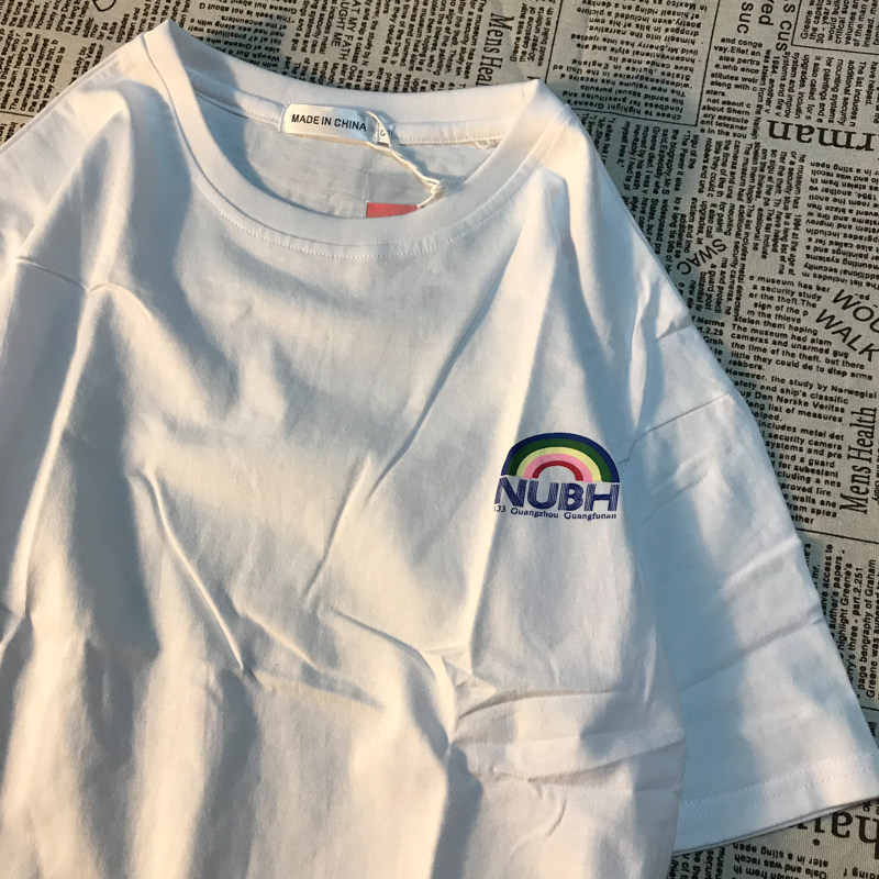 CMYJN American rainbow print short-sleeved T-shirt men and women cotton couple loose round neck tee shirt tide