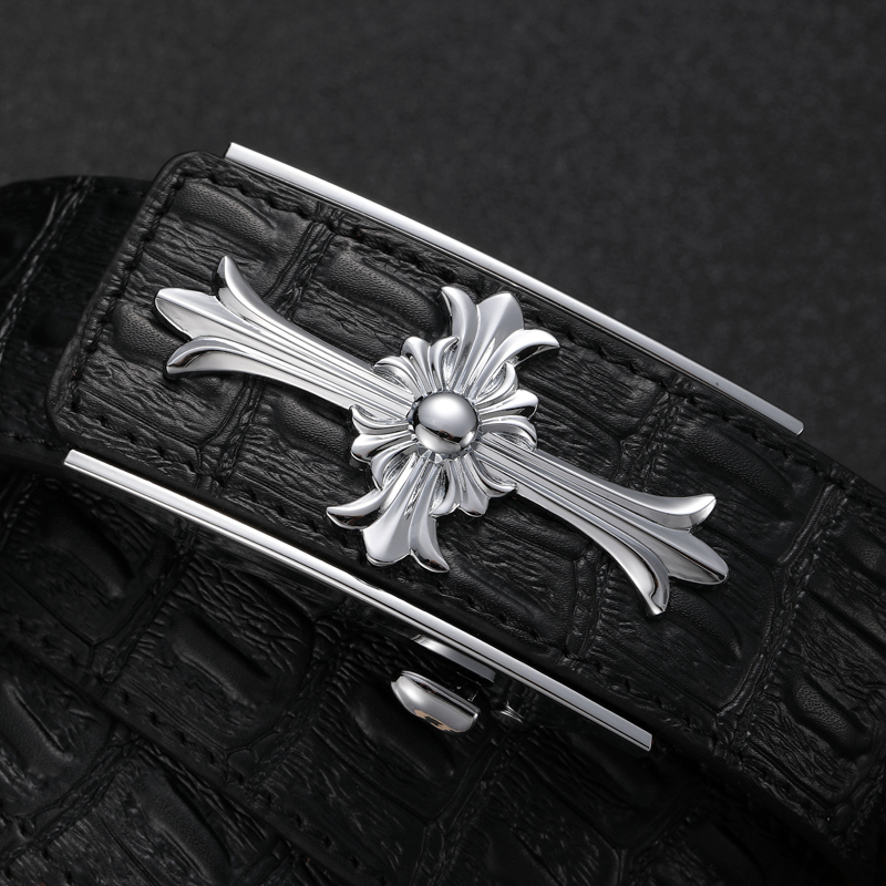 Flashooe Men's Genuine Leather Belt with Automatic Buckle, Inner Buckle, Pure Cowhide Belt for Men, Jaguar Youth Crocodile