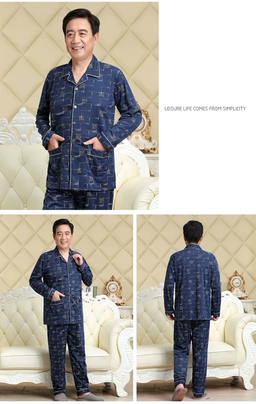 Mùa xuân và mùa thu cotton trung niên nam đồ ngủ mùa thu và mùa đông Mô hình đồ lót nam trung niên dài tay phù hợp với nhà XL đồ bộ mặc nhà cao cấp