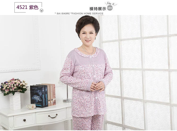 Bộ đồ ngủ cho mẹ dài tay cotton mùa xuân và mùa thu và mẫu mùa đông XL Mẹ chồng trung niên phục vụ nhà mùa hè phù hợp với người già thời trang nữ