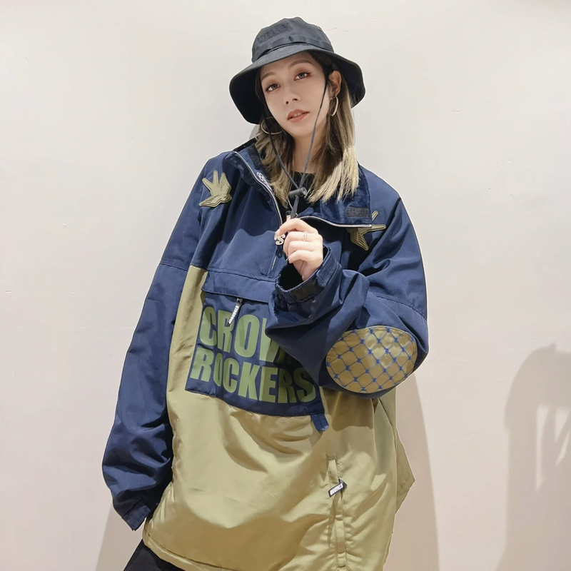 National Trend Sta Crown Rocker Double Swallow Patchwork Color-Block Fleece-Lined Half-Zip Stand Collar Windbreaker Jacket