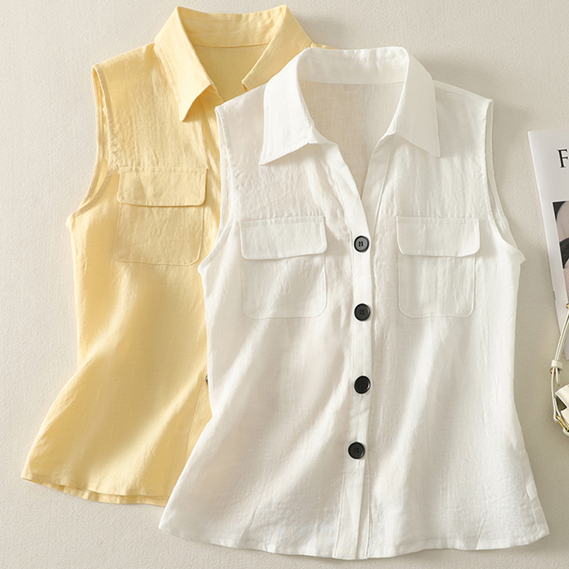 Foreign Trade Export French Cut Label ~ Sleeveless Vest Shirt Women's Large Size Short-Sleeved Lapel Fashion Accessible Luxury Cotton and Linen Top