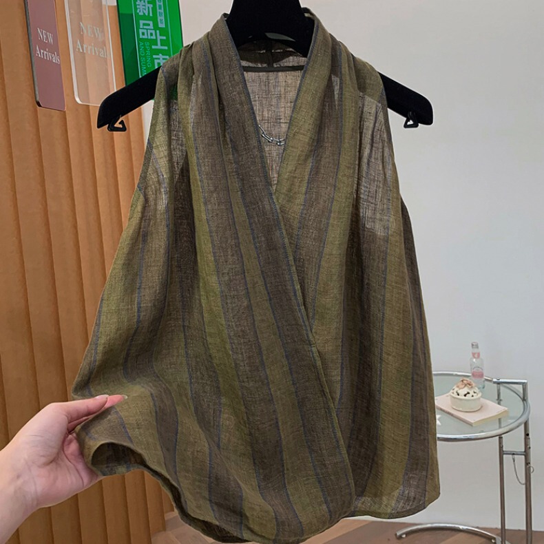 High-End Linen Green Striped Sleeveless Shirt for Women, Summer Design with V-Neck, French-Style Halter Neck Camisole Top High-End Linen Green Striped Sleeveless Shirt for Women, Summer Design with V-Neck, French-Style Halter Neck Camisole Top