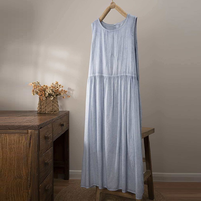 Japanese-Style Mori Girl Sleeveless Cotton-Linen Dress for Women, Summer Elegant Artistic Style, Tie-Waist Slimming Linen Tank Long Dress Japanese-Style Mori Girl Sleeveless Cotton-Linen Dress for Women, Summer Elegant Artistic Style, Tie-Waist Slimming Linen Tank Long Dress