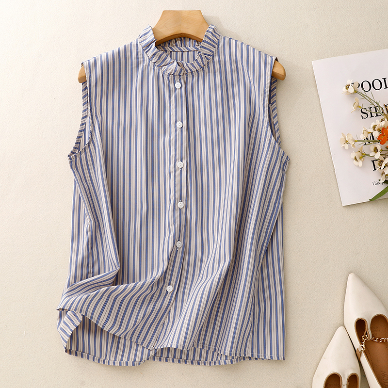 Brand Discount Retro Niche Sleeveless Shirt Women's Summer New Style Stand Collar Striped Vest Loose Design Top