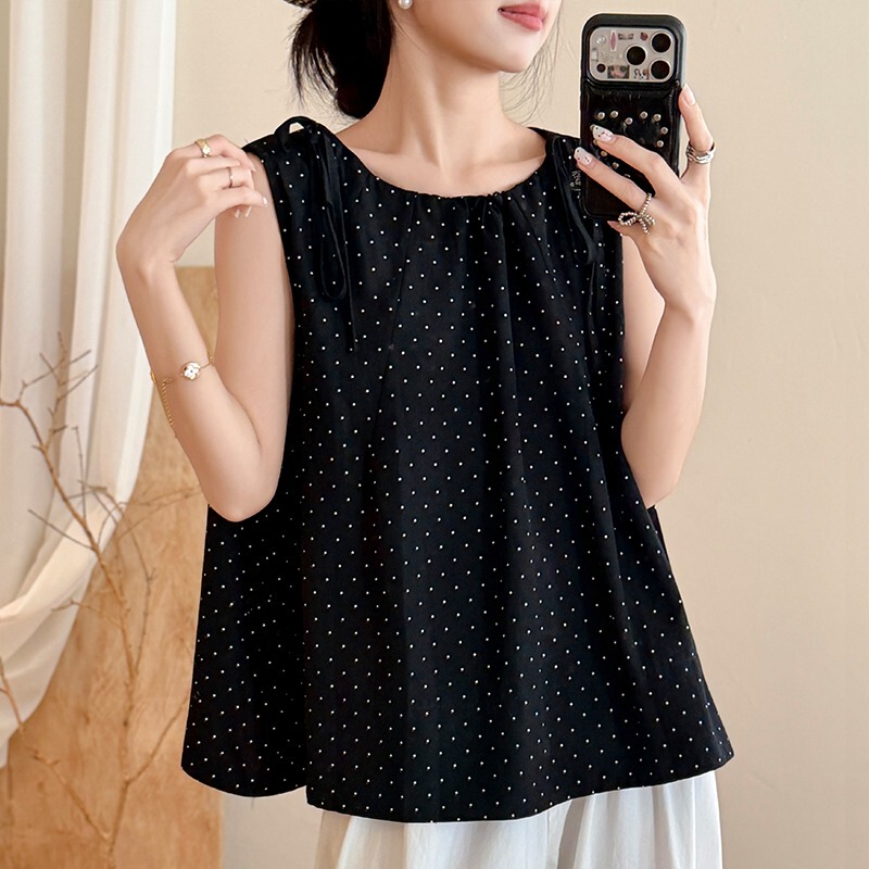 Korean-Style Polka-Dot Round-Neck Tie-Up Sleeveless Top for Women, New Summer Design, Slimming, Versatile, Loose Linen Vest